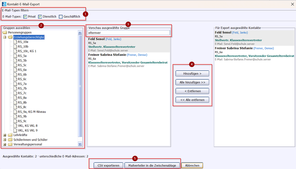 Auswahldialog zz Export Mailadressen