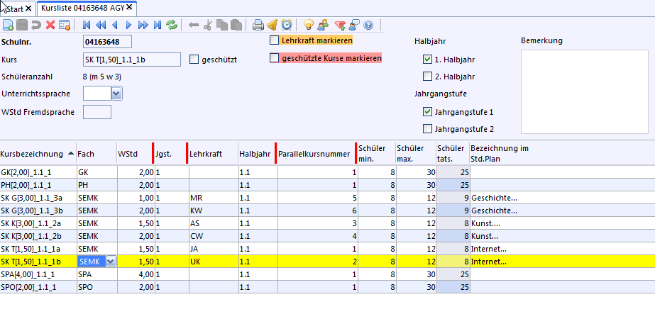 Kursliste - Kurszuweisung